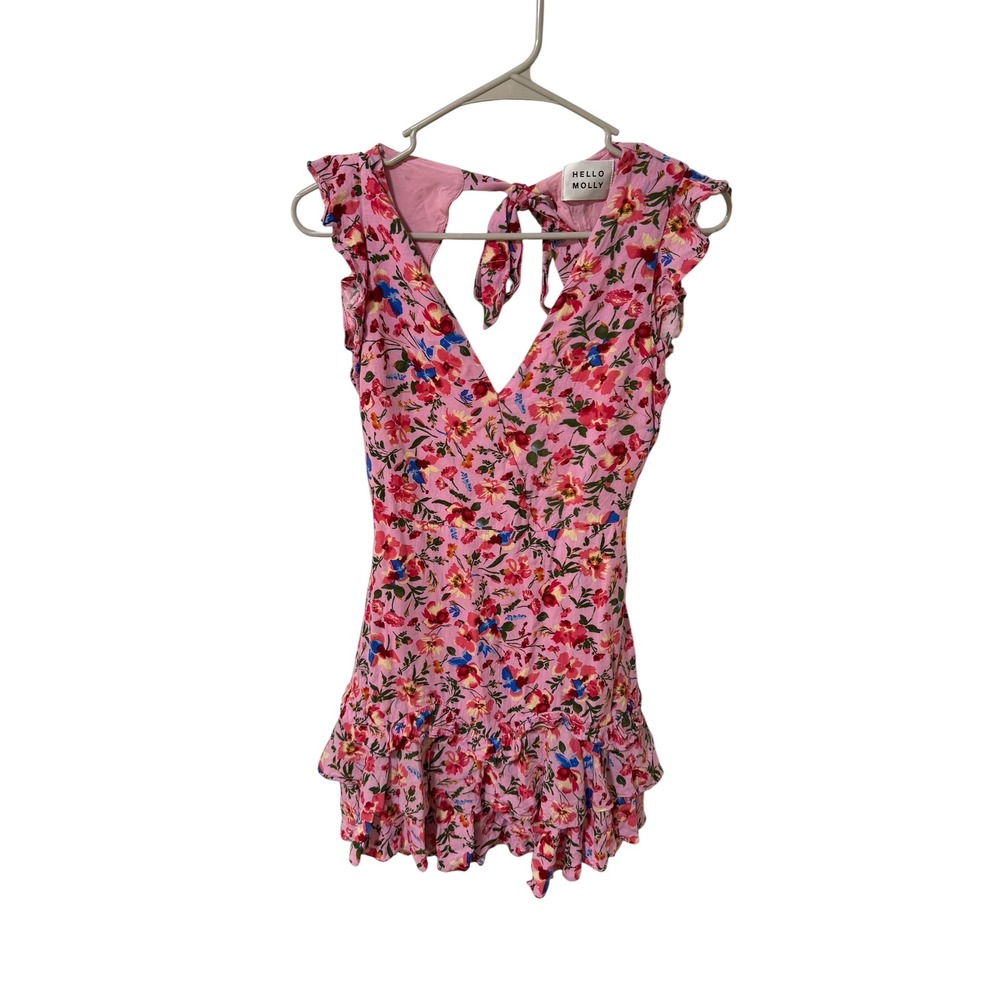 Hello Molly Size Small Pink Floral Ruffle Mini Dress Open Back Tie Neck